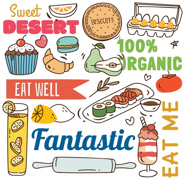 Vector restaurant background with various food in doodle style.