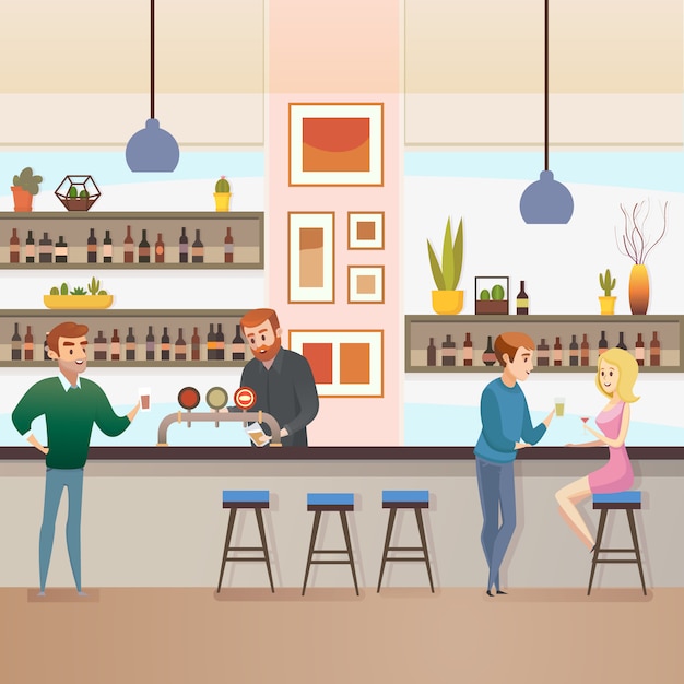 Restaurant bar or pub with visitors flat vector