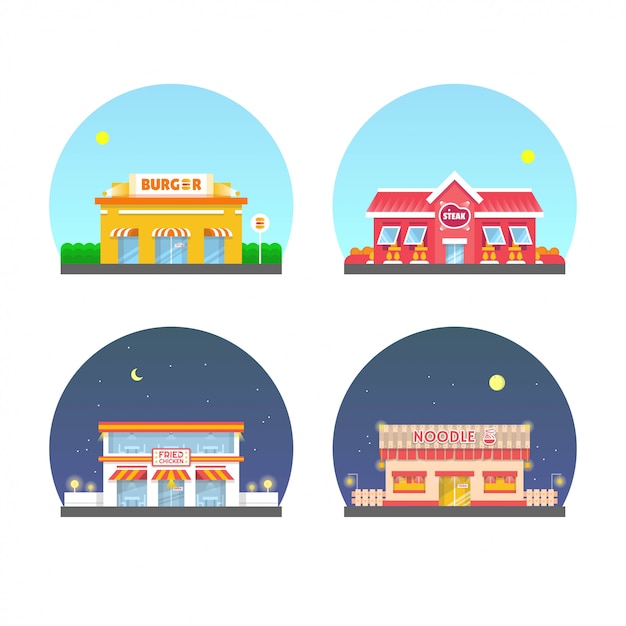 Restaurant building illustrations set. noodle, burger, steak, fried chicken