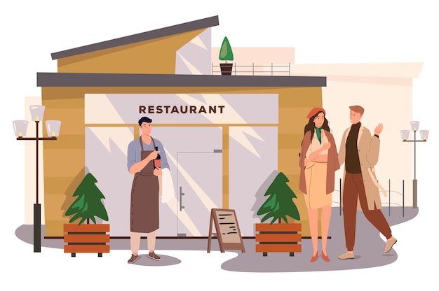 Vector restaurant building web concept. couple going to dinner in cafe, waiter is holding bottle of wine. man and woman at date