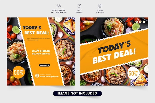 Restaurant business advertisement web banner design with yellow and dark colors special food promo template vector with abstract brush effect culinary food promotion poster with photo placeholders