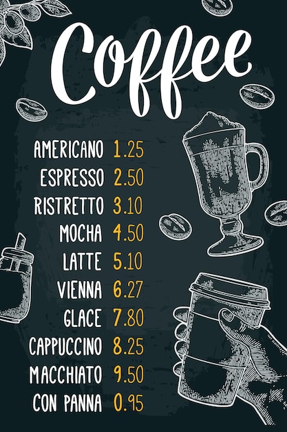 Кофейный напиток меню ресторана или кафе с ценой