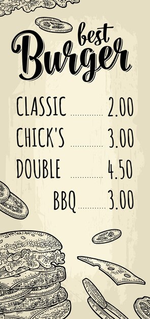 Меню ресторана или кафе с ценой Лучшая каллиграфическая надпись на гамбургере Винтажная монохромная векторная гравировка на бежевом фоне