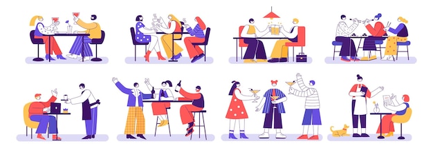 Vettore visitatori di ristoranti e bar le persone mangiano e bevono insieme ai tavoli del ristorante godendosi riunioni e celebrazioni set di illustrazioni vettoriali geometriche del bar ristorante con i visitatori