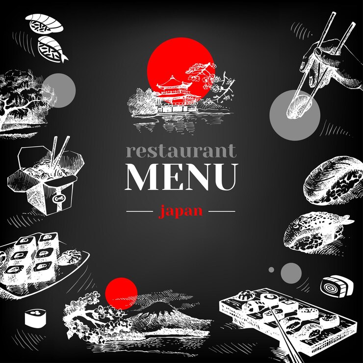 Vector restaurant chalkboard japanese food menu hand drawn sketch sushi vector illustration