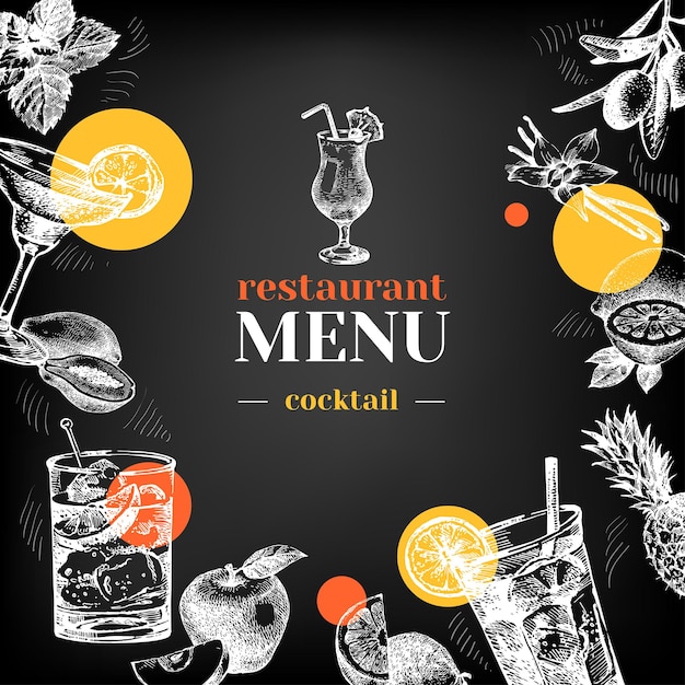 Vettore menu lavagna ristorante schizzo disegnato a mano cocktail e frutta illustrazione vettoriale