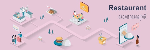 Restaurant concept 3d isometrische webbanner Mensen bezoeken café dineren in cafetaria tafel chef-kok koken