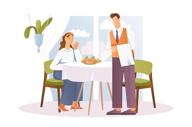 Restaurant concept with people scene in the flat cartoon design A woman thanks the waiter