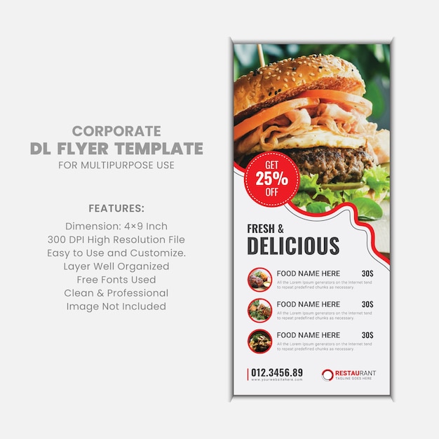 Restaurant delicious food menu dl flyer rack card template layout clean design