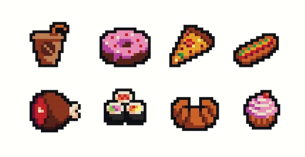 Restaurant dishes pixel art set Meat fast food collection Food menu 8bit