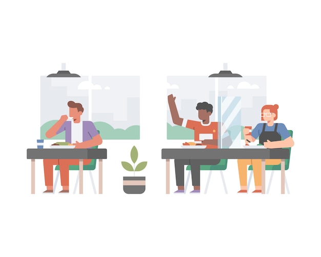 Restaurant doing safety protocols in the middle coronavirus pandemic illustration with doing social distancing and installing boundary glass between customer