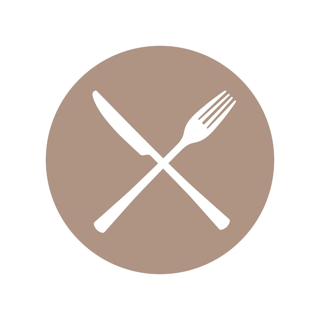 レストランのエンブレム。ベージュの円に交差したフォークとナイフ。