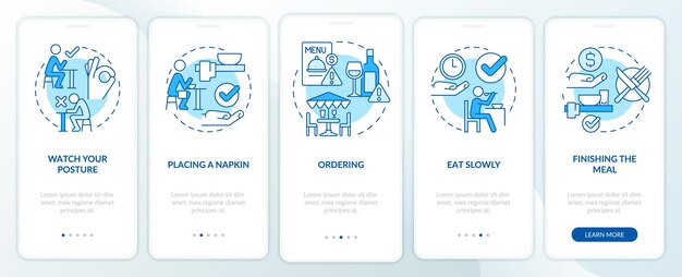 Schermata dell'app mobile di onboarding blu dell'etichetta del ristorante