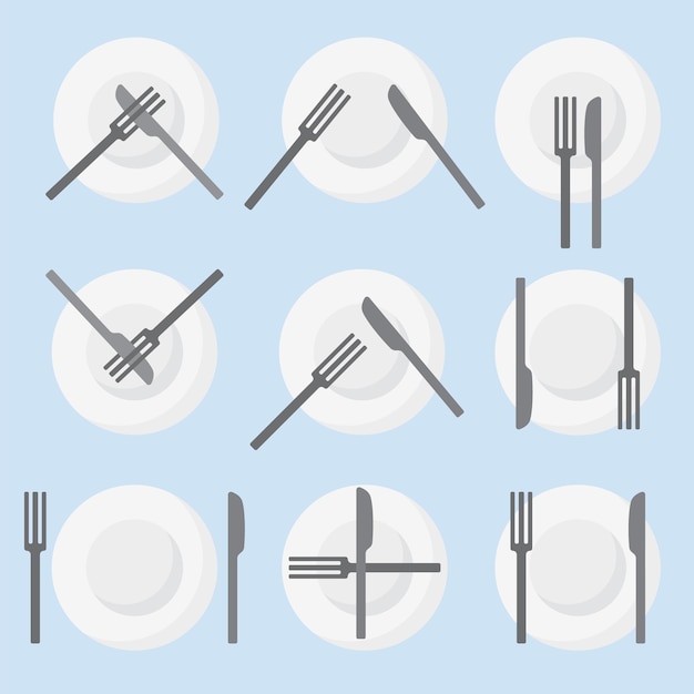 Vector restaurant etiquette language of cutlery eating signs rules ceramic plate with knife and fork in different positionssign of the end of meal dissatisfaction with foodvector flat objects