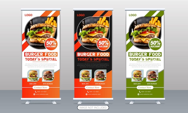 Vector restaurant fast food banner or delicious burger food roll up banner design template