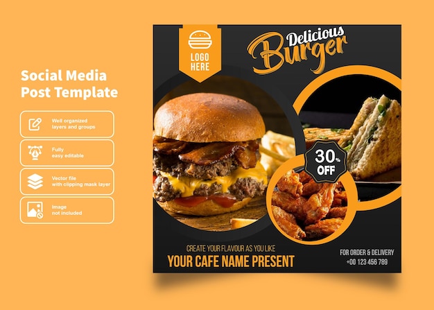 Menu fast food del ristorante con offerta scontata volantino e poster per il modello di post sui social media