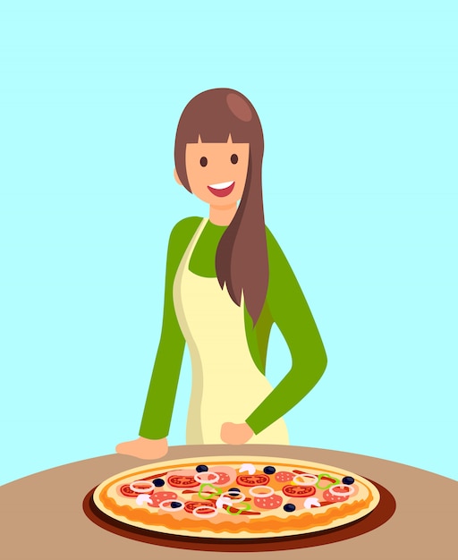 Restaurant female chef offering pizza illustration