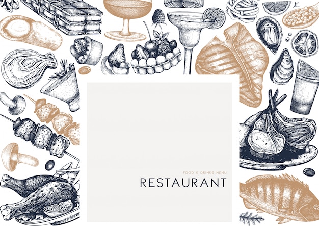 Cornice del cibo del ristorante. illustrazioni di bevande, carne, frutti di mare, pesce, verdure e dessert disegnati a mano. vista dall'alto di cibi e bevande. sfondo vintage inciso per menu ristorante o bar.