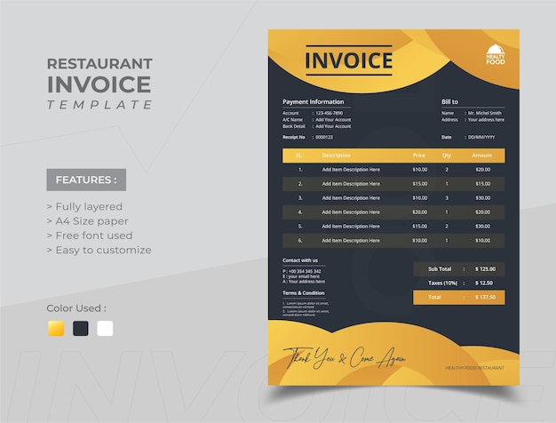 Restaurant or food invoice design template