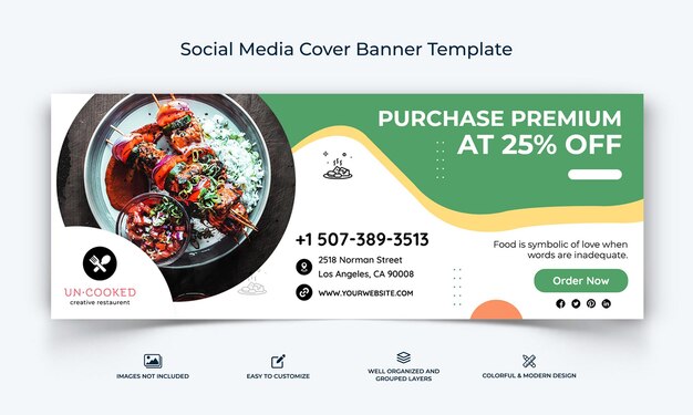 レストラン フード メニュー ソーシャル メディア facebook カバー バナー テンプレート プレミアム ベクトル