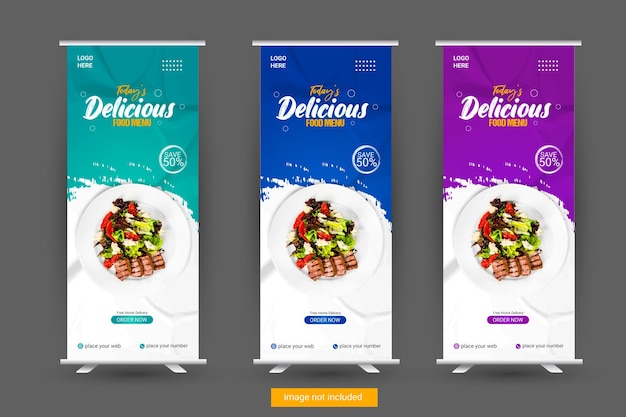 Restaurant and food  roll up banner template design with three color variation