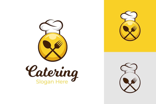 Restaurant heerlijk eten logo embleem stijl vector symbool elementen ontwerp met cap chef-kok vork en lepel pictogram concept voor catering voedsel culinaire logo ontwerp