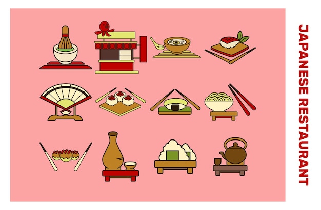Vettore set di icone vettoriali di illustrazioni di ristoranti
