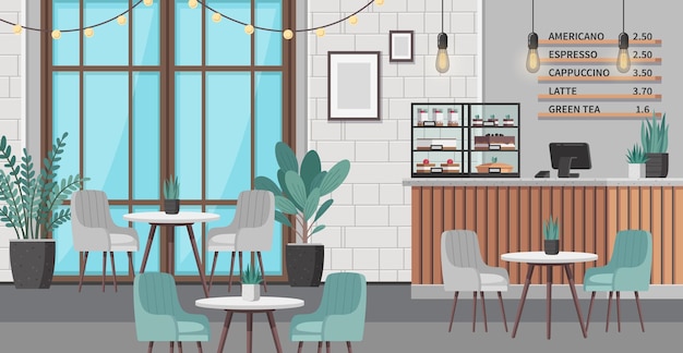 Restaurant interieur cartoon scène met modern café meubilair en plank met taarten vectorillustratie