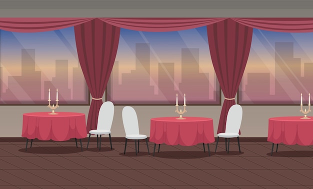 Restaurant interieur met cartoon scène met kaarsen op ronde tafel Rood doek witte fauteuils en stad silhouet buiten het raam Romantisch diner voor stel geen mensen Vector illustratie