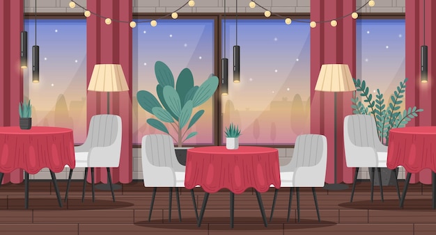 Vector restaurant interior cartoon scene with fancy furniture and decoration items vector illustration