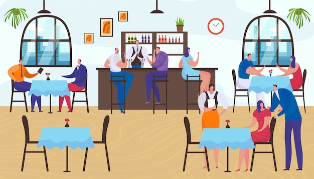 Vector restaurant interior, people group man woman sitting in bar,  lifestyle  illustration. people character drink at cafe table,  person talking. happy pub friends meeting together.