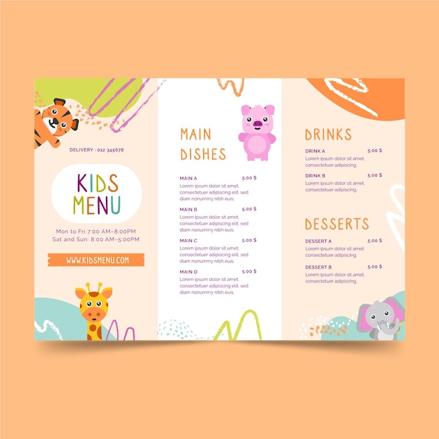 Modello di menu per bambini del ristorante