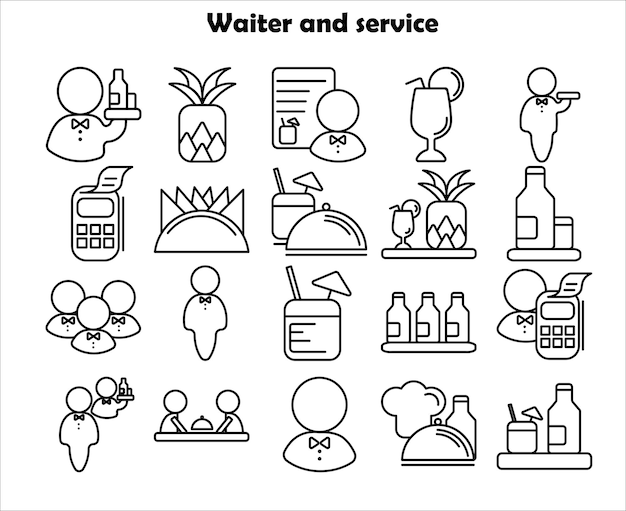 Restaurant Line Icons on a white background. Waiter and service.