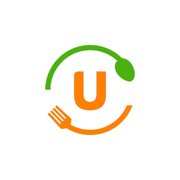 Vettore design del logo del ristorante sulla lettera u con cucchiaio e forchetta