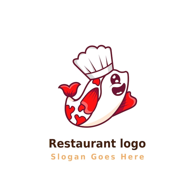 Дизайн логотипа ресторана и красочная иллюстрация талисмана, включая мультяшную рыбу шеф-повара и шляпу