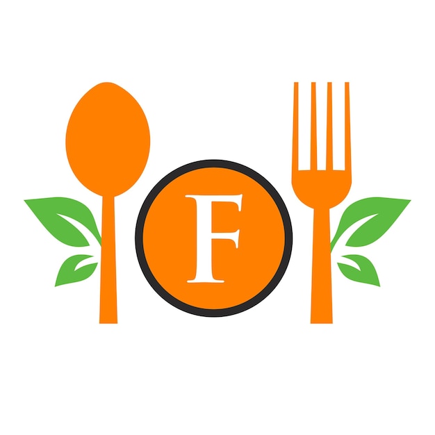 Vector restaurant logo on letter f template spoon and fork leaf symbol for kitchen sign cafe icon