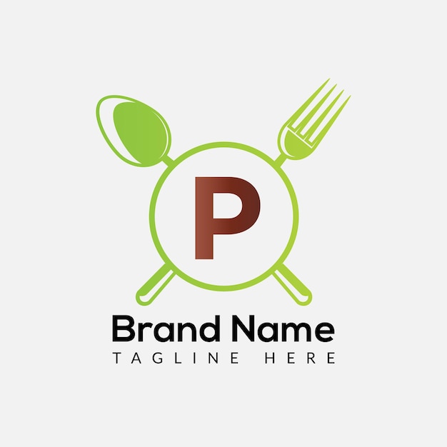 편지 P 템플릿에 레스토랑 로고입니다. P 편지에 음식, 초기 요리사 기호 개념