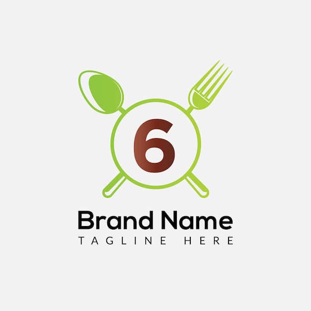 Restaurant-logo op brief 6-sjabloon. eten op 6 letter, eerste chef teken concept