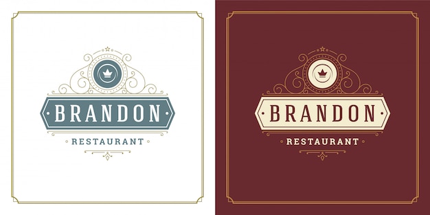 Vector restaurant logo template illustration plate dish symbol and ornament swirls good for menu and cafe sign.