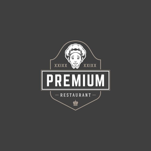 Векторный объект шаблона логотипа ресторана для логотипа или дизайна значка Модный ретро-стиль иллюстрации силуэт женщины шеф-повара