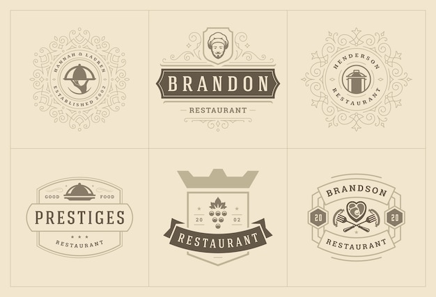 Restaurant logos templates set  illustration good for menu labels and cafe badges.