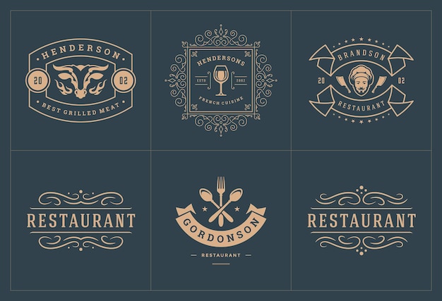 Vettore i modelli di logo del ristorante hanno impostato l'illustrazione buona per etichette di menu e distintivi di caffè