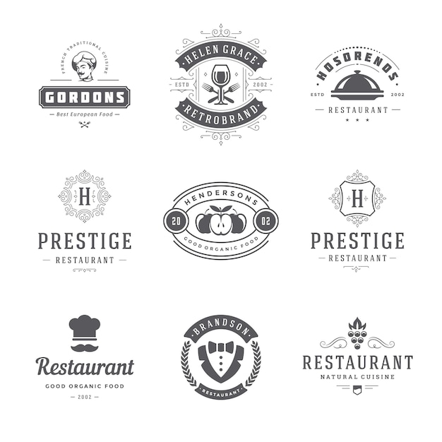 レストランのロゴのテンプレートは、ベクトル図を設定します。レストランのメニューやカフェのバッジに最適です。ヴィンテージのタイポグラフィデザイン要素とシルエット。