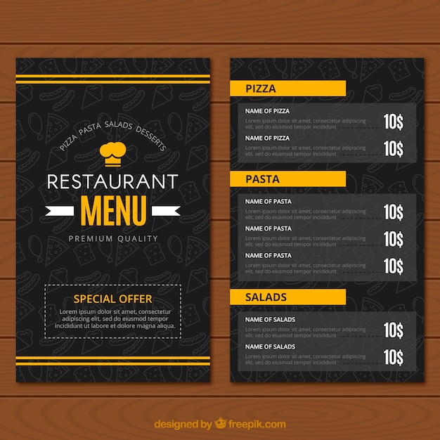 Vector restaurant menu, black and yellow colors