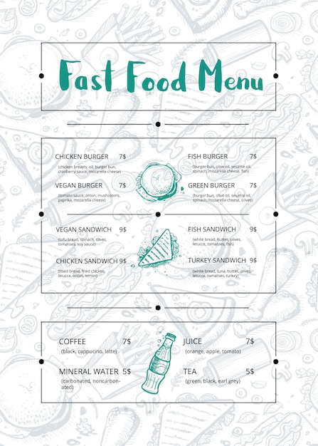 Restaurant menu brochure met hand getrokken afbeelding