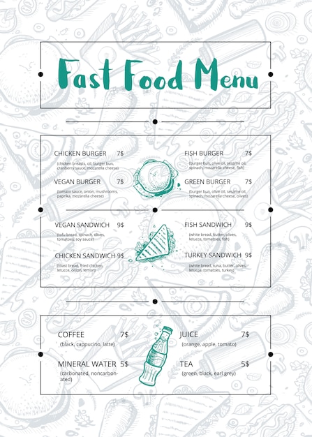 Vettore opuscolo del menu del ristorante con grafica disegnata a mano