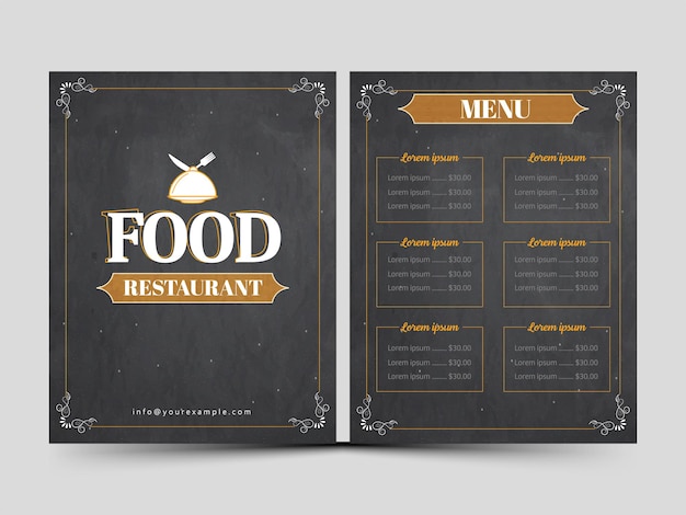 Modello di carta del menu del ristorante o design di un volantino in colore nero