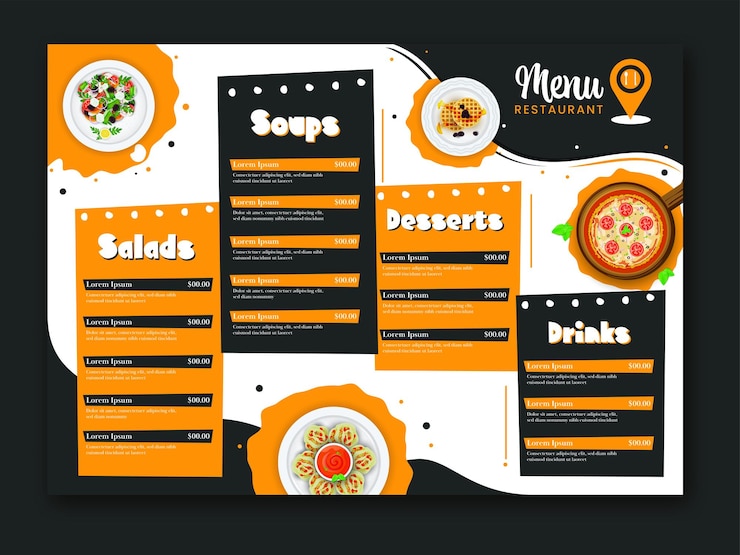 Vector restaurant menu card template or trifold brochure layout with m