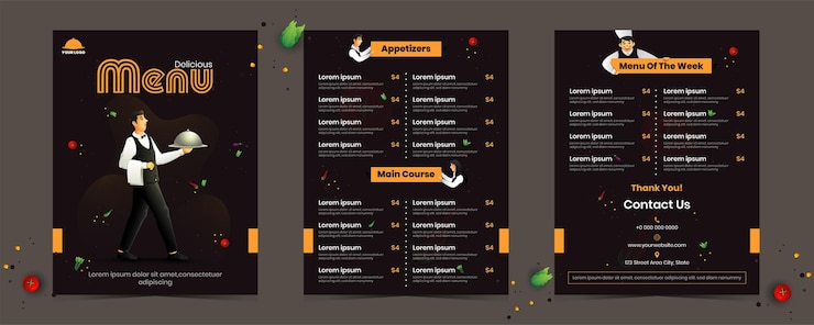 Vector restaurant menu card with characters