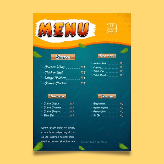 Restaurant Menu for fried chicken restaurants and others